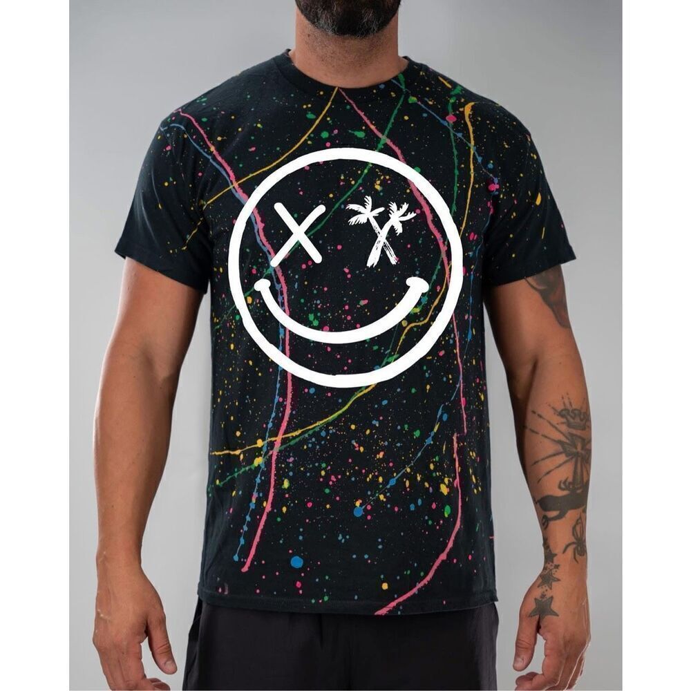 Salty Savage Unisex Colorful Paint Splatter Smiley Short Sleeve T-Shirt Small